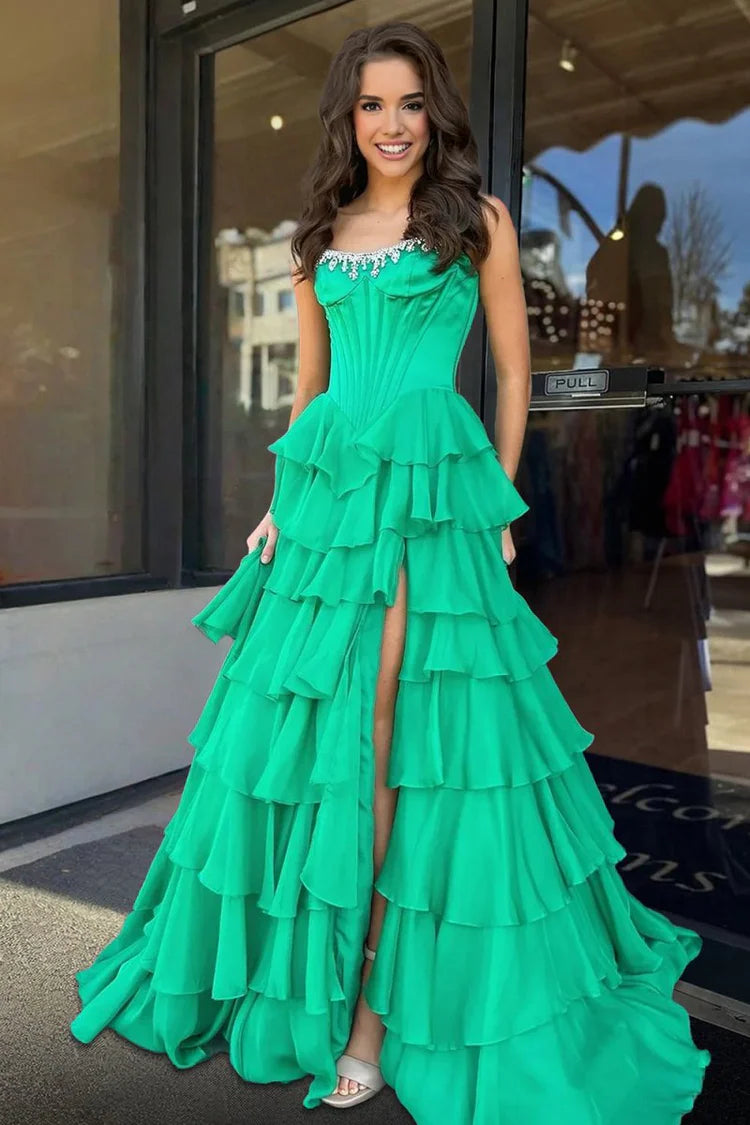 Strapless Green Ruffled Prom Dresses A Line Chiffon Beading