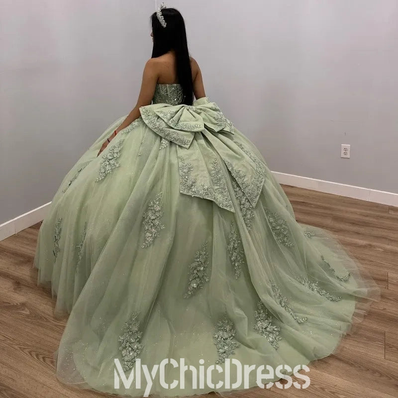 Strapless Lace Appliques Quinceanera Dresses Near me With Bow
