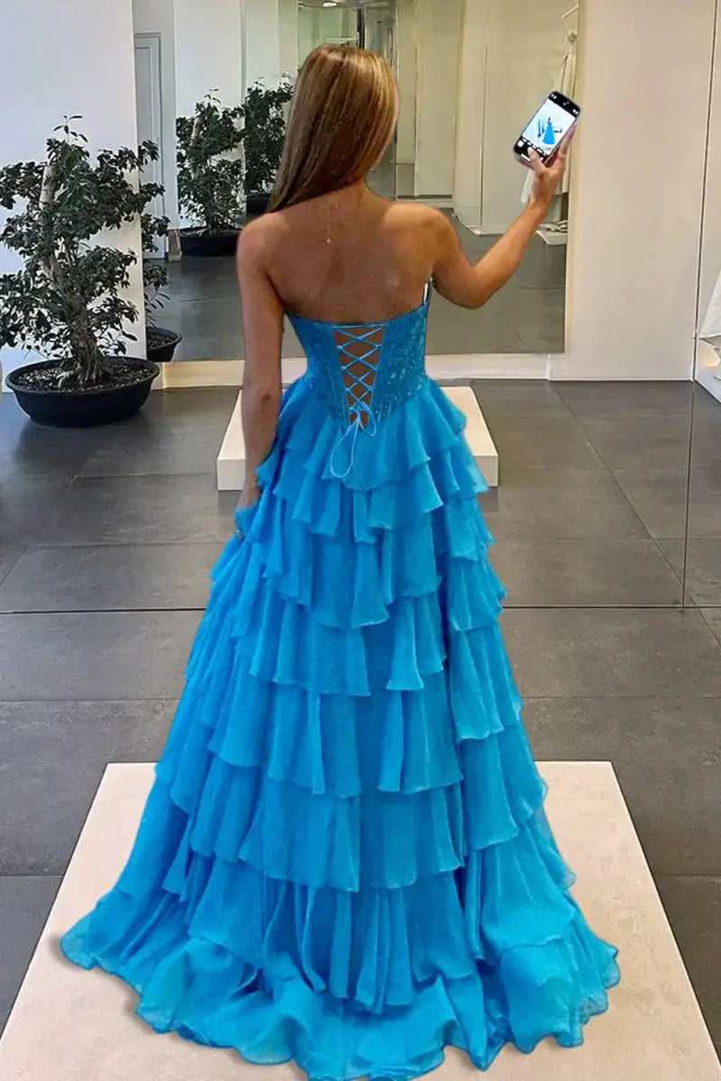 Strapless Lace Corset Ruffled Blue Prom Dresses A Line With Appliques