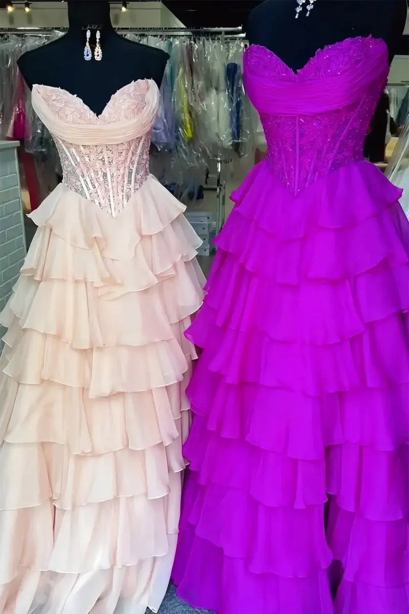 Strapless Lace Corset Ruffled Prom Dresses A Line With Appliques