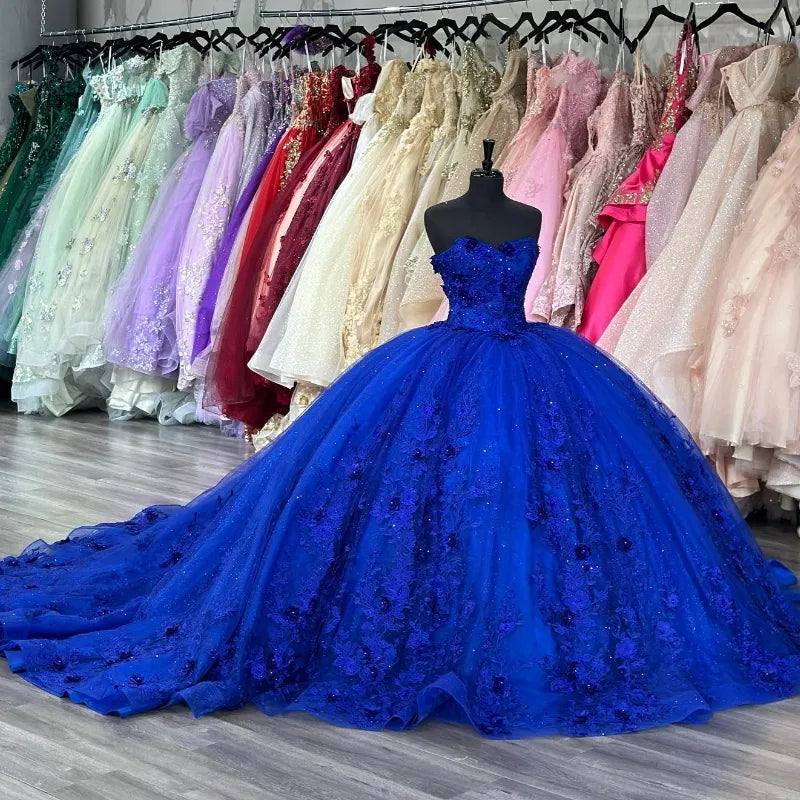 Strapless Lace Royal Blue Quinceanera Sweet 16 Dresses with Flowers