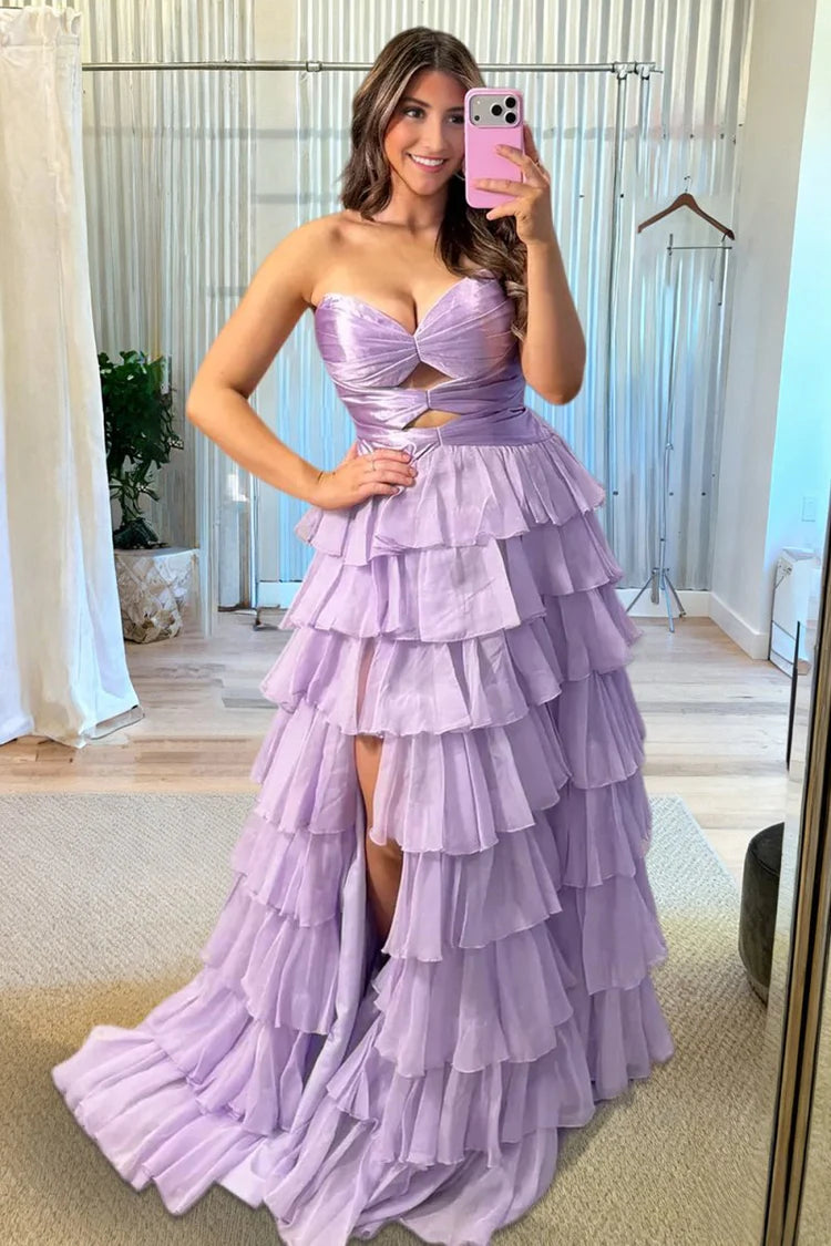 2026 Strapless lilac  Prom Dresses Ruffled Chiffon With Cutout