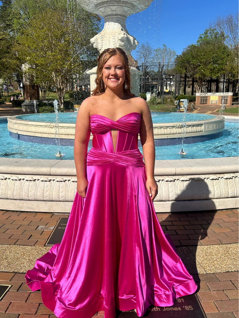 Strapless Magenta Plus Size Prom Dresses Satin Long with Train Mychicdress