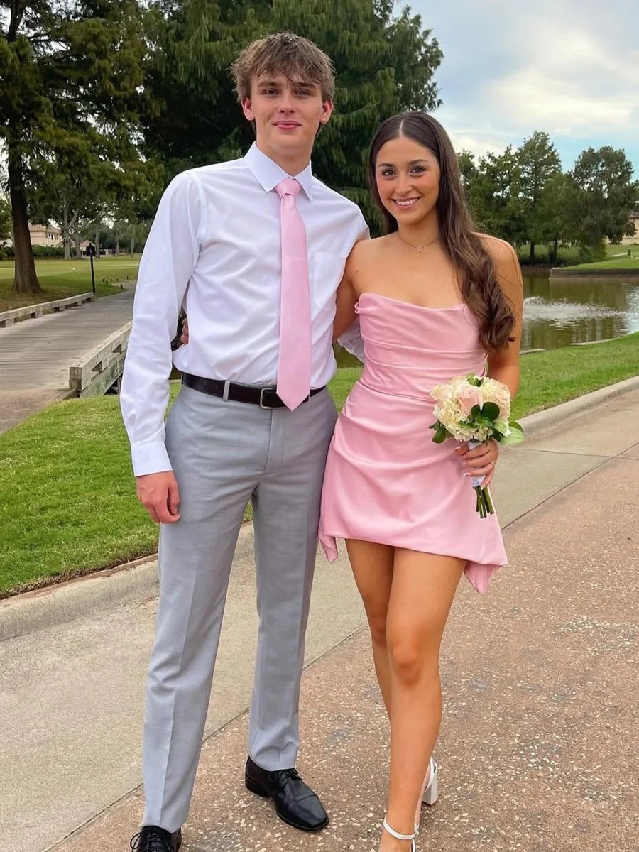 Strapless Mini Homecoming Dress Pink Satin with Irregular Hem