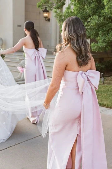 Strapless Pink Bridesmaid Dress Pleated Satin Scoop with Big Bow