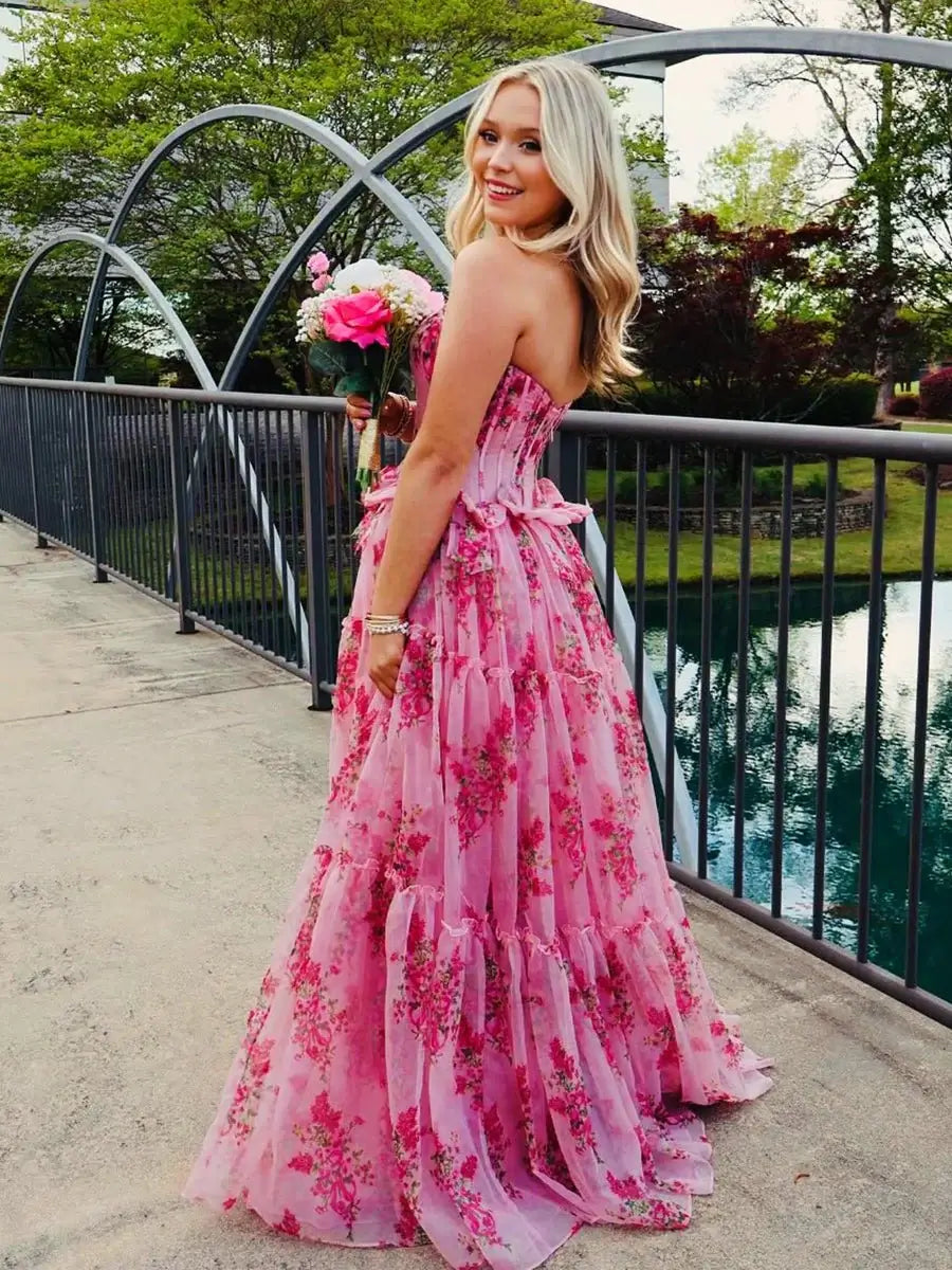 US Strapless Pink Ruffle Prom Dresses Floral Printed with Bow