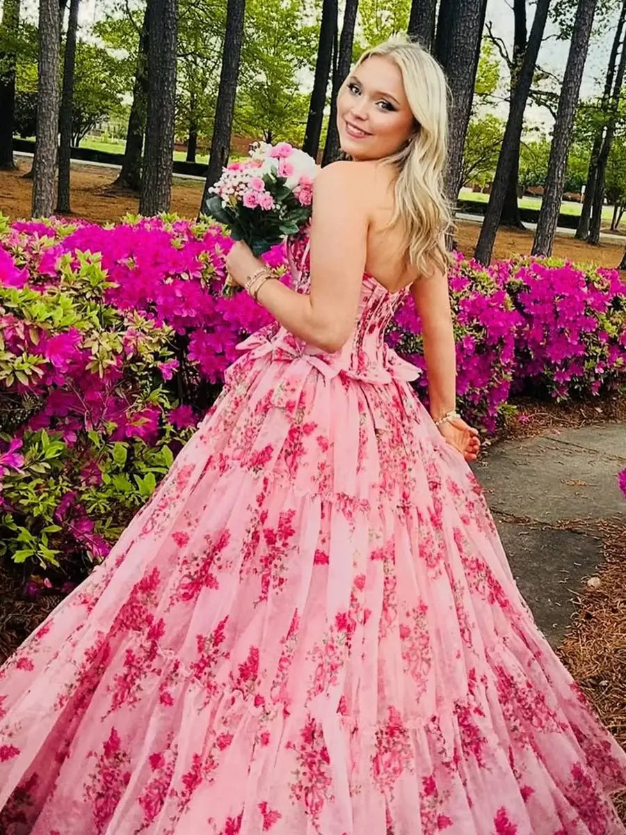 US Strapless Pink Ruffle Prom Dresses Floral Printed with Bow