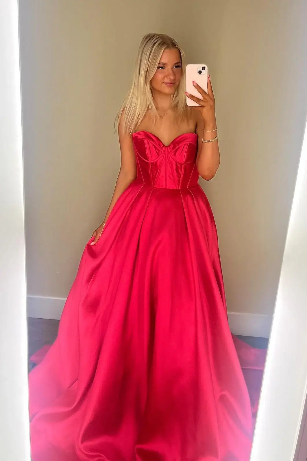 Strapless Fuchsia Prom Dresses Corset Sweetheart Ball Gown Satin