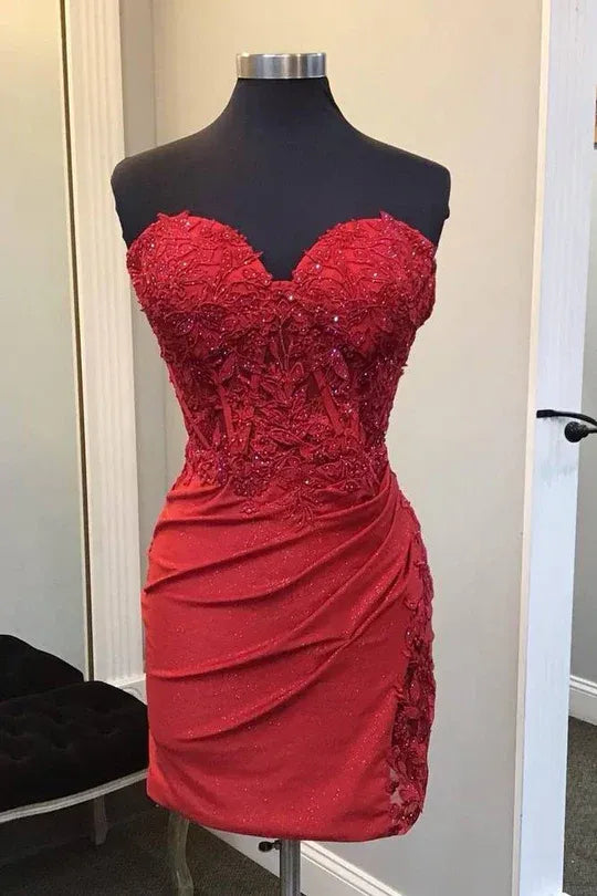 Cheap Strapless Red Mini Homecoming Dress Lace Beaded Bodycon