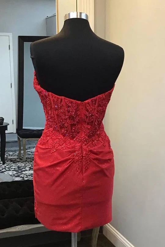 Cheap Strapless Red Mini Homecoming Dress Lace Beaded Bodycon