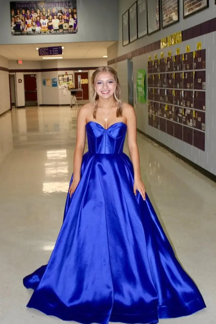 Strapless royal blue Prom Dresses Corset Sweetheart Ball Gown Satin