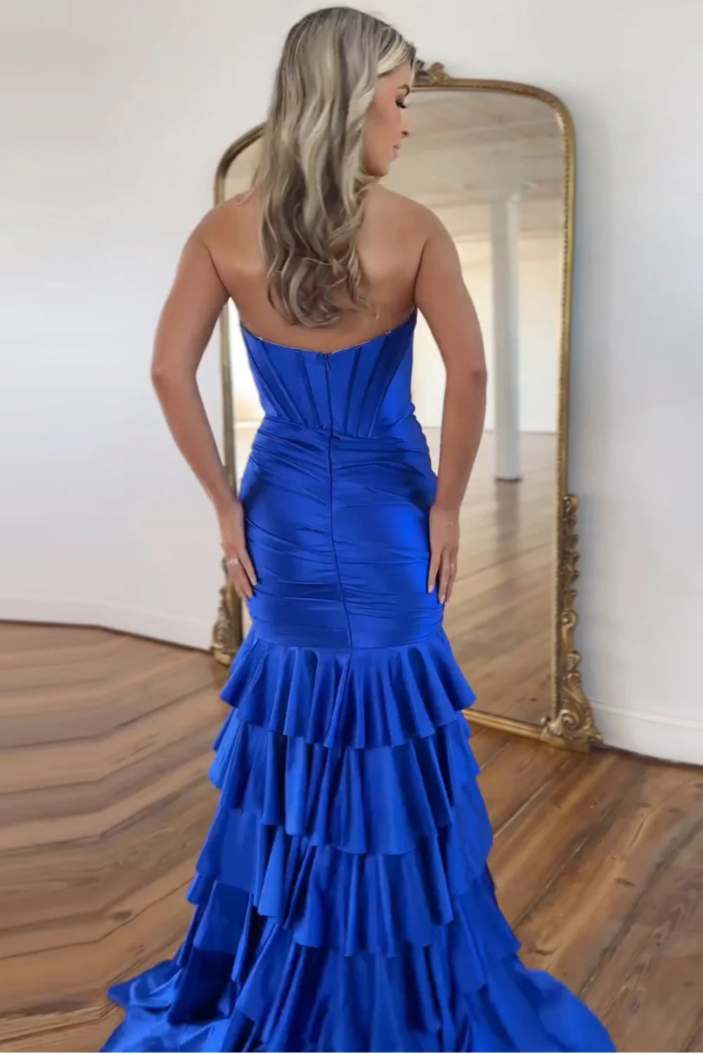 strapless royal blue tiered formal dress