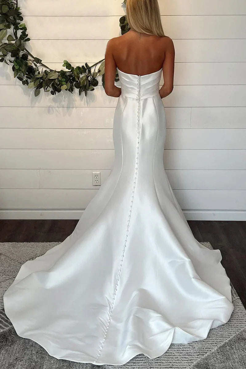 Strapless Satin Minimalist Wedding Dresses Mermaid with Button
