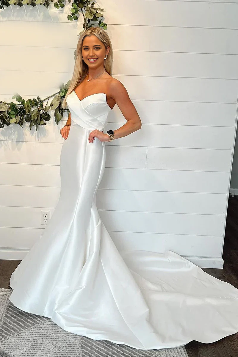 Strapless Satin Minimalist Wedding Dresses Mermaid with Button