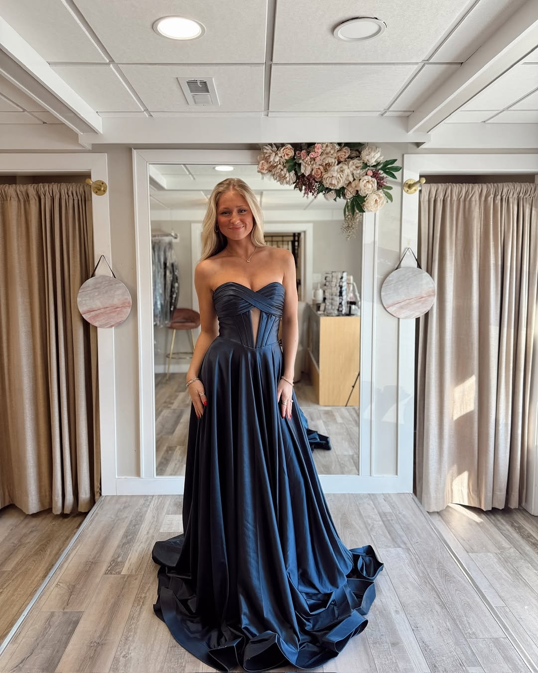 Strapless Navy blue Plus Size Prom Dresses Satin Long with Train