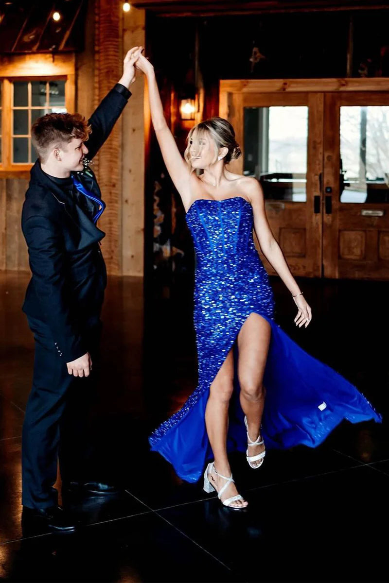 Strapless Sequins Royal Blue Prom Dress Mermaid Long Formal Gown