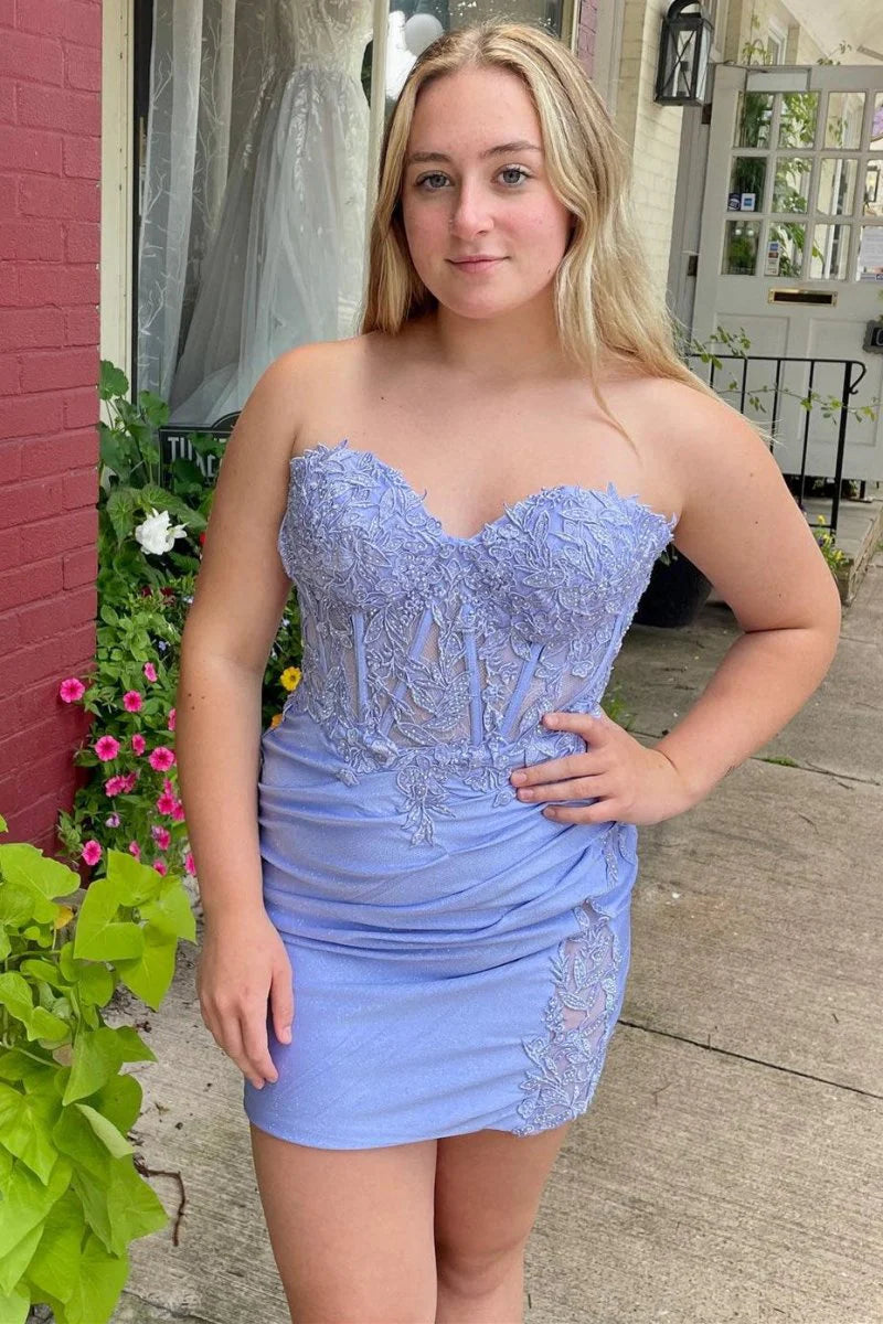 Strapless Short Lace Tighted Homecoming Dress Periwinkle Mychicdress