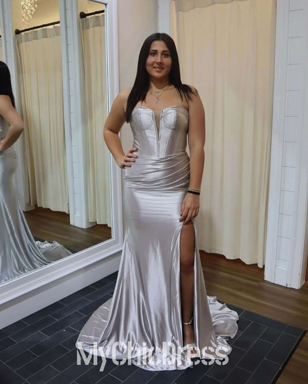 Strapless silver Evening Gown Satin Prom Dress Mermaid With Slit