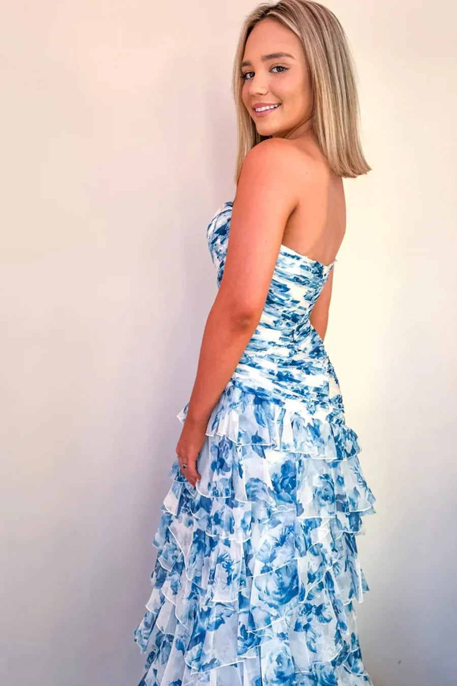 Strapless Tiered Printed Prom Dress blue Mermaid Chiffon Sweetheart Mychicdress