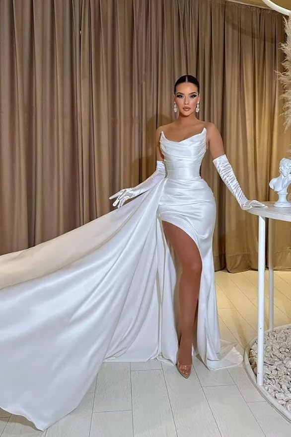 Strapless White Prom Dress UK Mermaid Pleats With Split Mychicdress