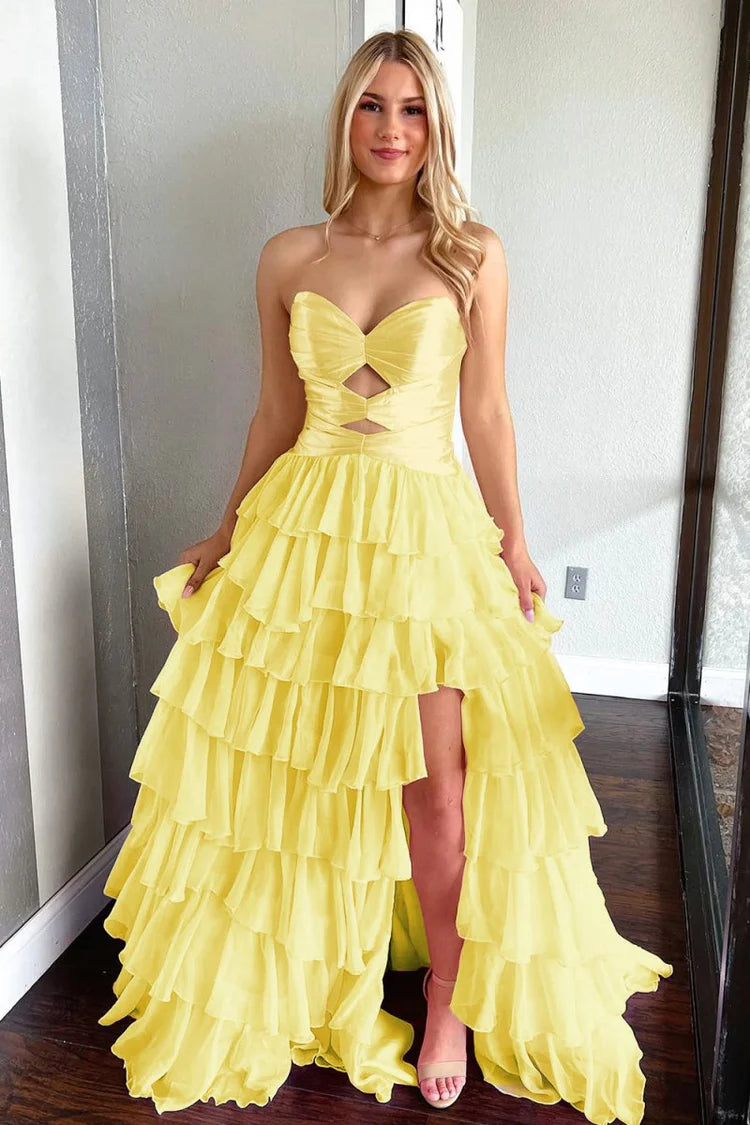 2026 Strapless Yellow Prom Dresses Ruffled Chiffon With Cutout