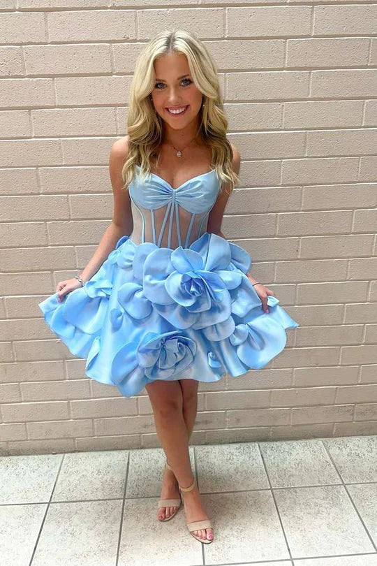 Straps Corset blue Homecoming Dress Short with Rosette Mychicdress
