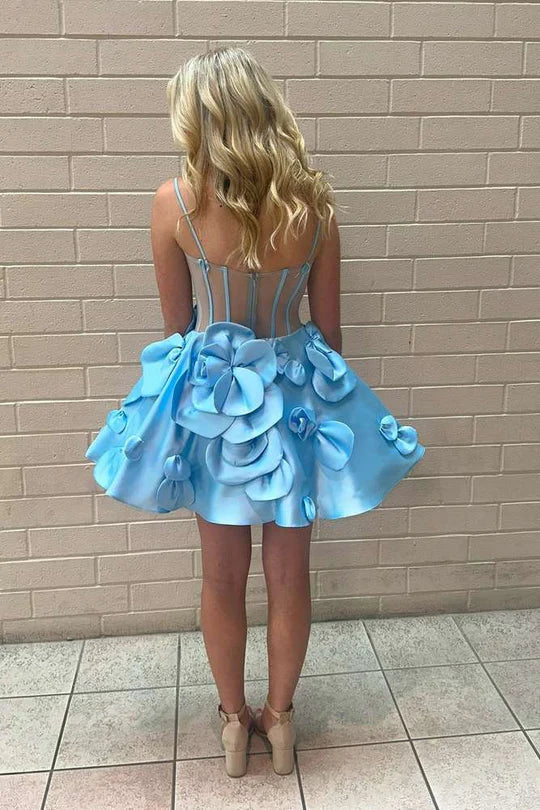 Straps Corset blue Homecoming Dress Short with Rosette Mychicdress