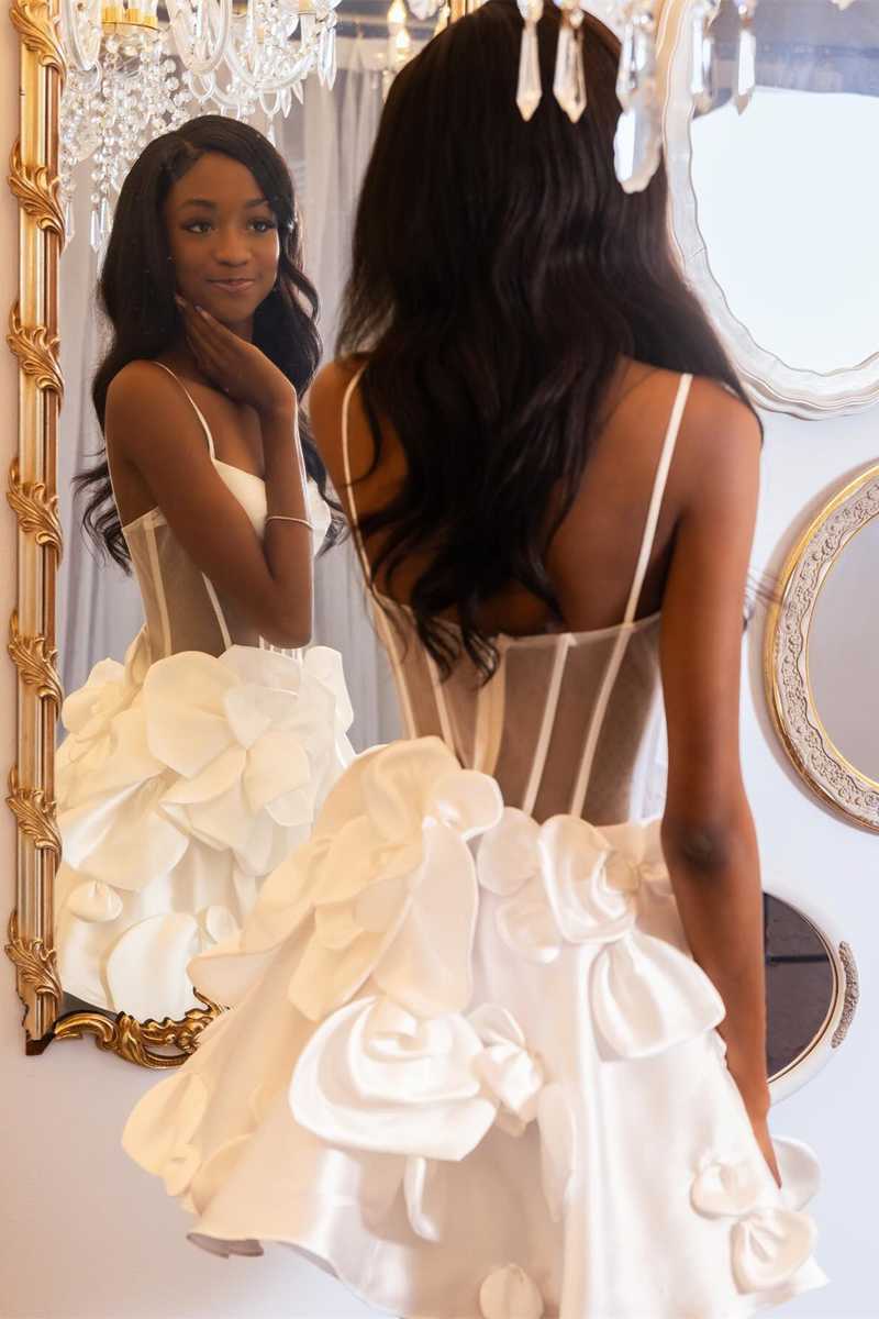 Straps Corset white Homecoming Dress Short with Rosette Mychicdress