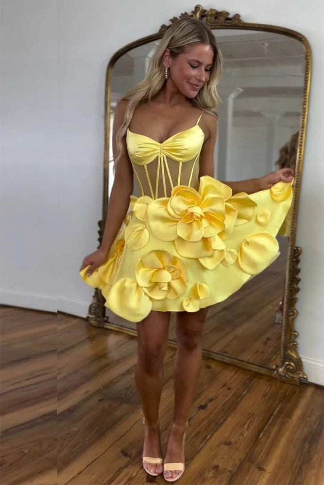 Straps Corset yellow Homecoming Dress Short with Rosette Mychicdress