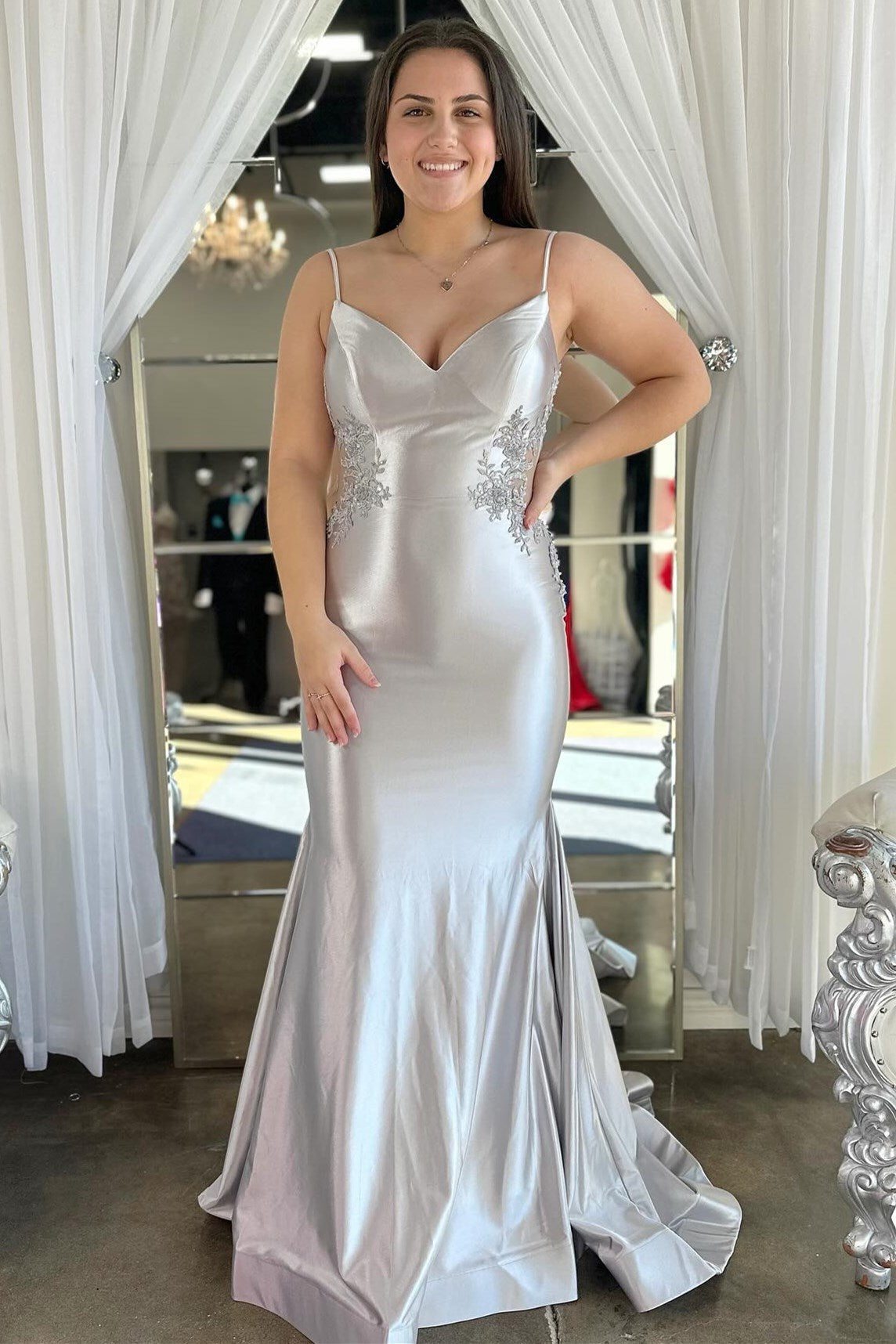 Straps Silver Long Senior Prom Dress Mermaid Backless