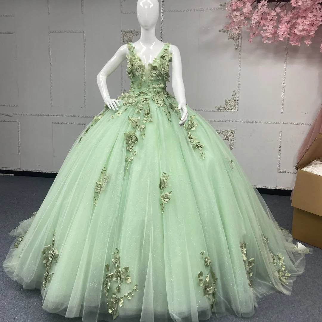 Sweet 16 Dress Strapless V Neck Quinceanera Dress Sage Green Appliques Mychicdress