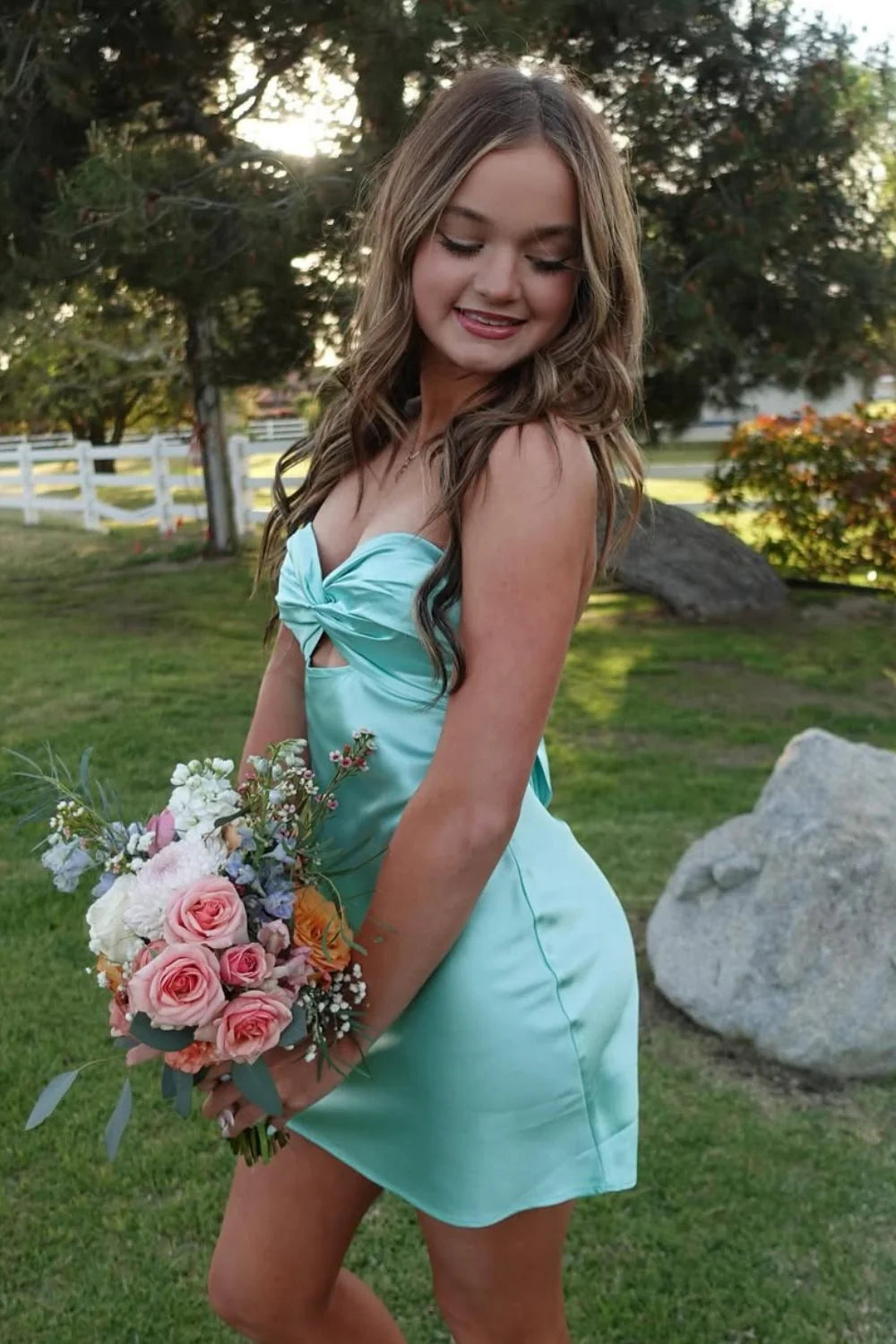Sweetheart Aqua Silk Satin Cheap Homecoming Dress Open Back Mychicdress