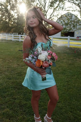 Sweetheart Aqua Silk Satin Cheap Homecoming Dress Open Back Mychicdress