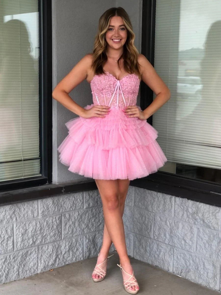 Sweetheart Pink Lace Bodice Homecoming Dress with Ruffles Mychicdress