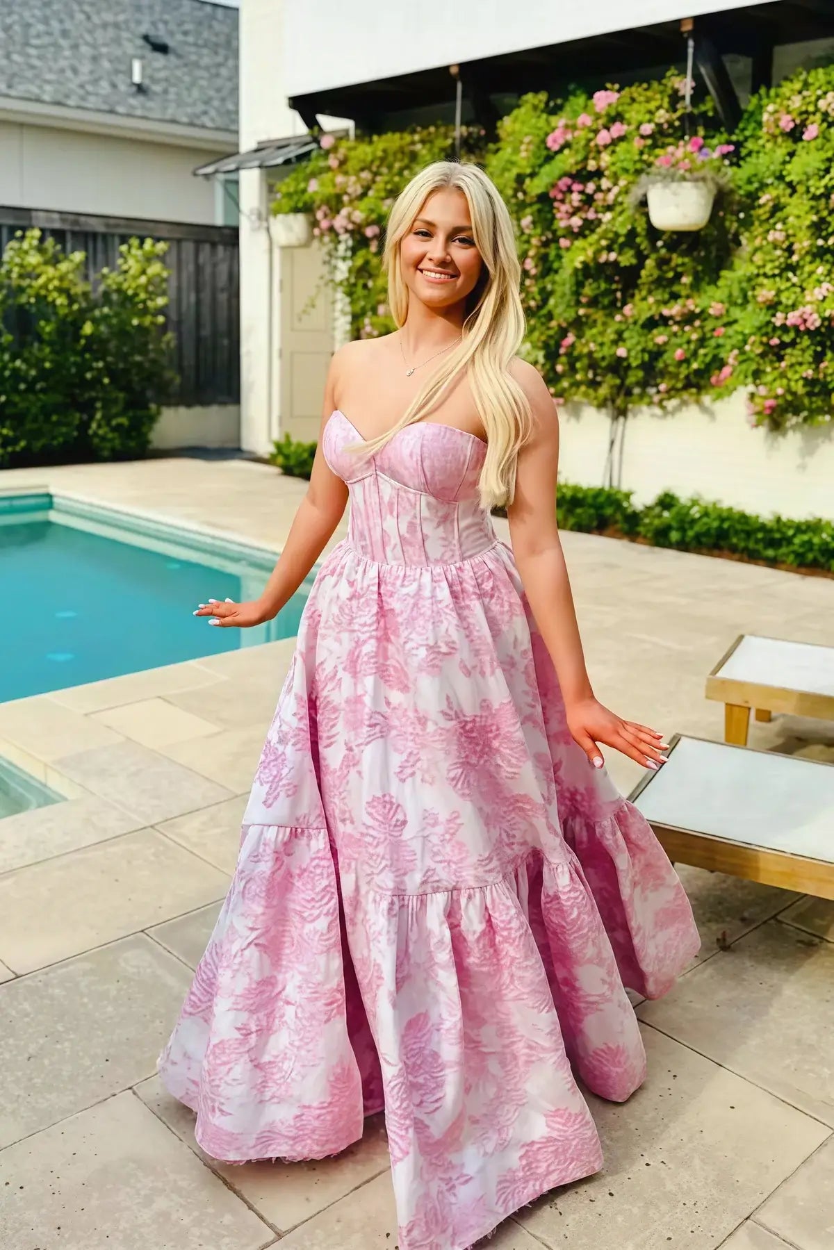 Sweetheart Print pink Evening Gown Floral Prom Dress A-line