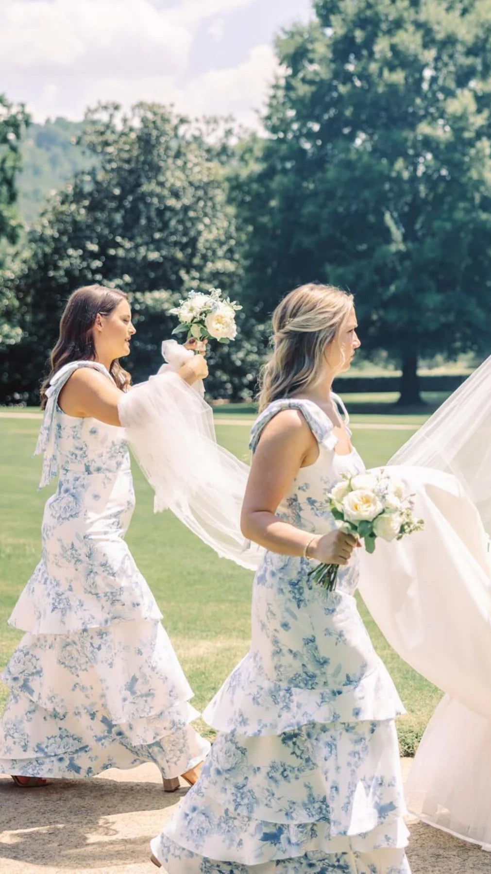 Tiered Blue Floral Print Bridesmaid Dress for Beach Weddings Mychicdress