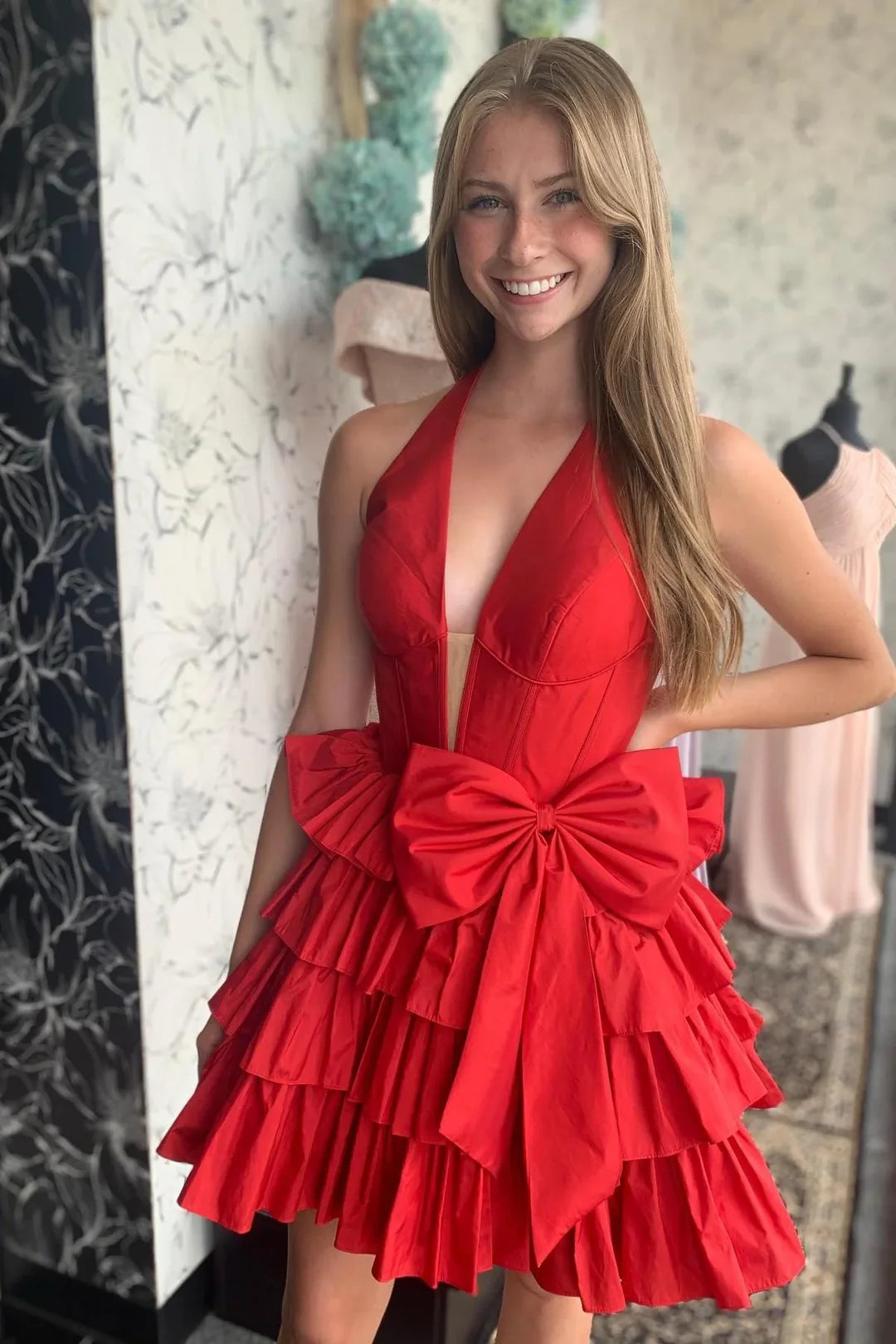 Tiered Halter Red Homecoming Dress V-Neck Backless Satin Mychicdress
