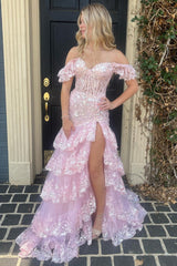 A Line pink Prom Dresses Tiered Sequins Off the shoulder