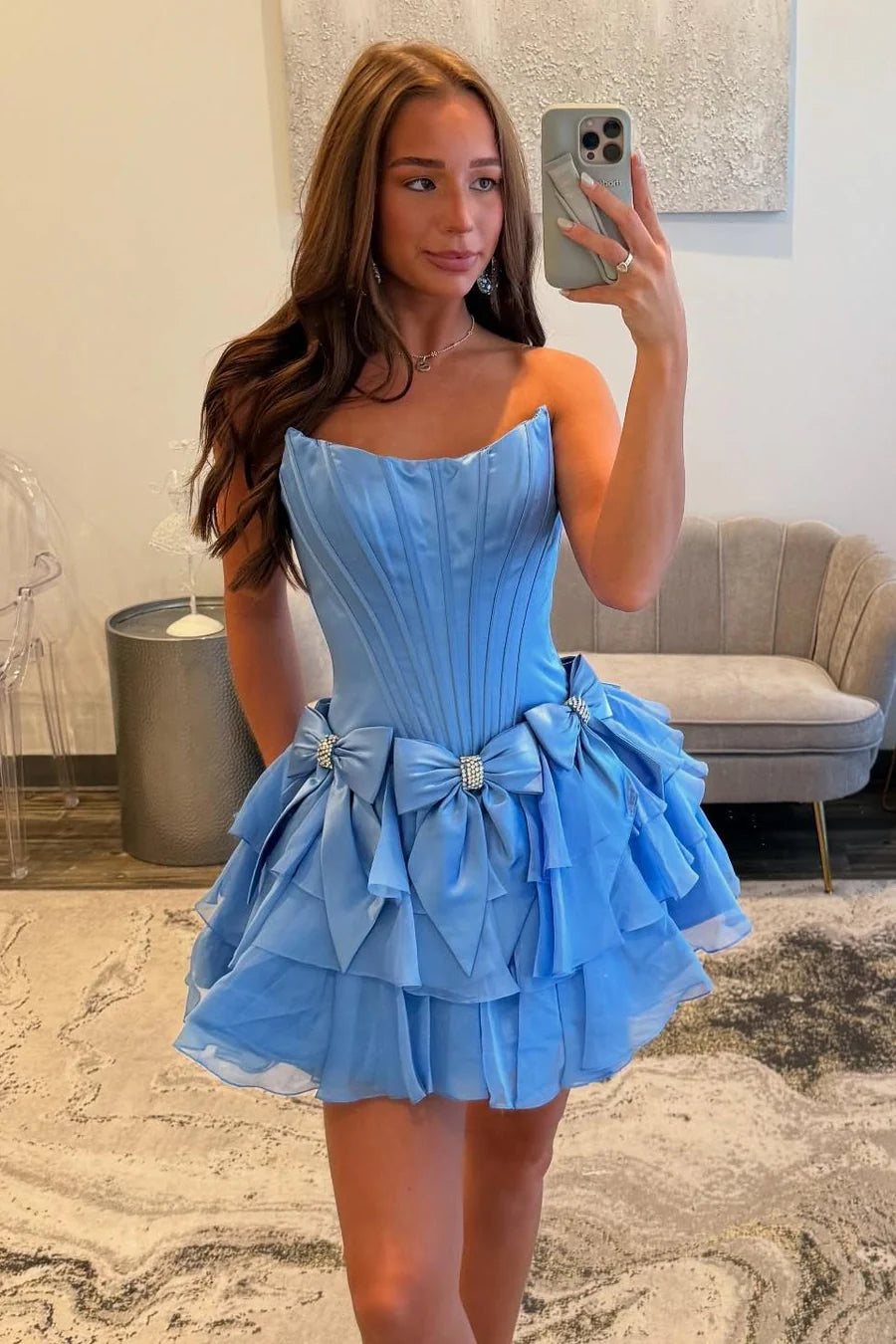 Tiered Blue Short Ruffle Homecoming Dress Strapless with Bow