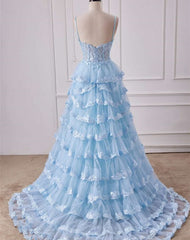 A Line Ruffles Layered Blue Prom Dresses Long Sequined Straps