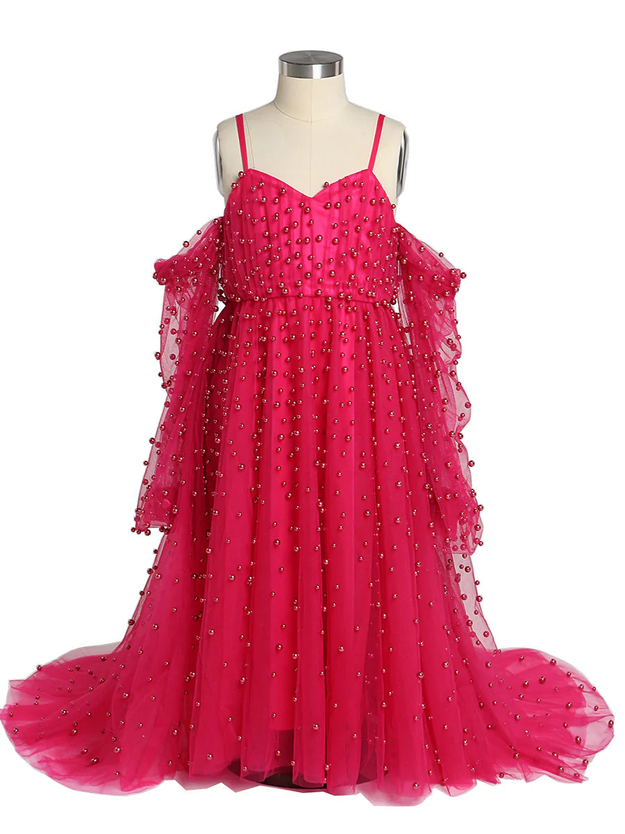 Tulle Pearls Flower Girl Dresses Kids Party Dress for Wedding PhotoShoot