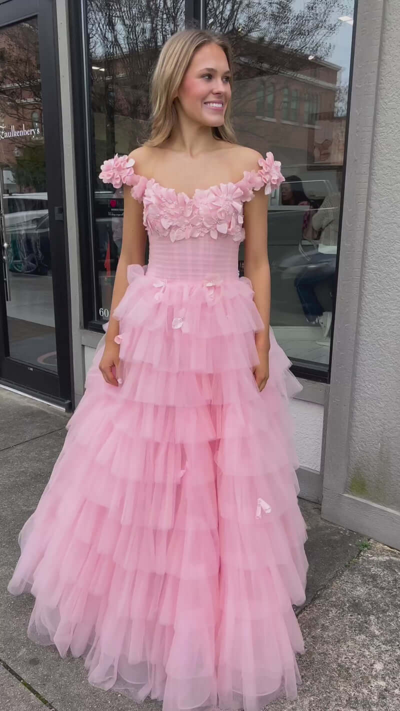 pink off-shoulder gown with floral details Tulle Ruffle Prom Dress Tiered with Beaded