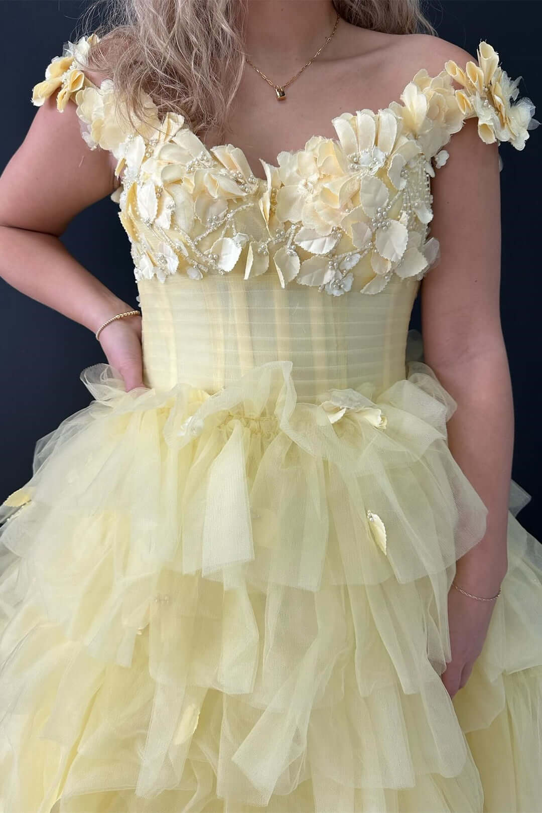 yellow evening gown with floral details Tulle Ruffle Prom Dress Tiered with Beaded