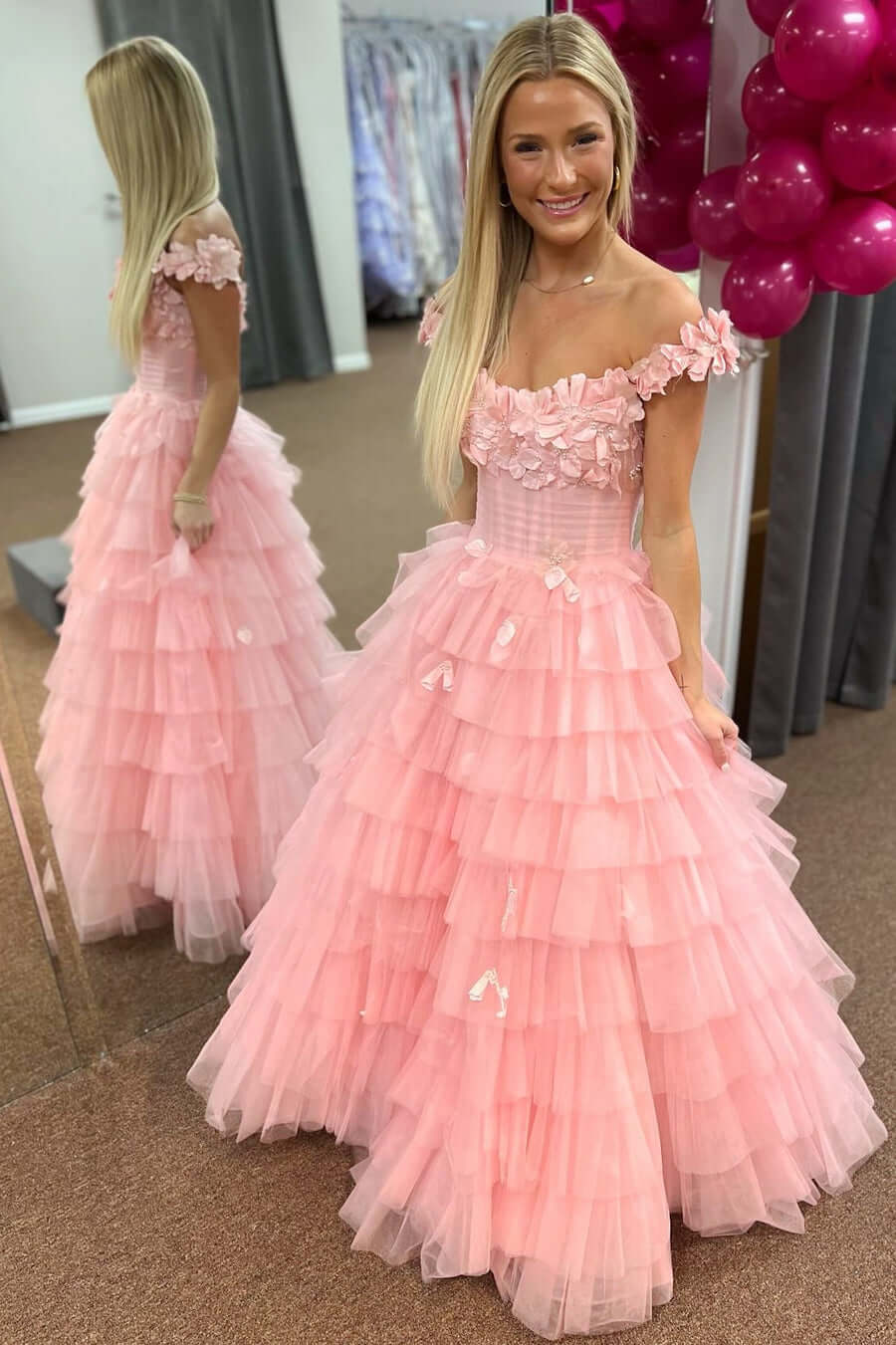 pink evening gown with floral details Tulle Ruffle Prom Dress Tiered with Beaded