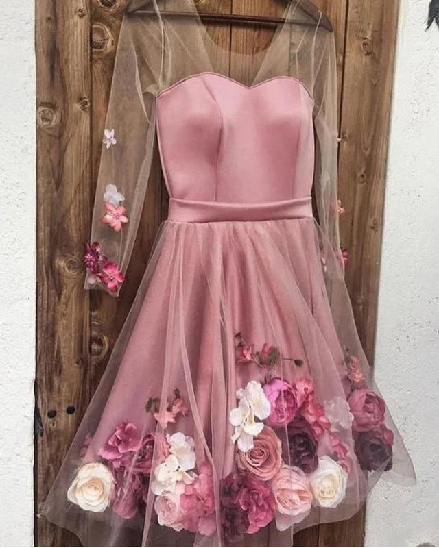 Unique 3D Flowers Tulle Homecoming Dress Long Sleeve Cocktail Dress