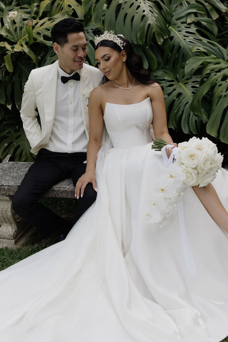 Unique A-Line Plain Wedding Dress Satin Strapless with Slit