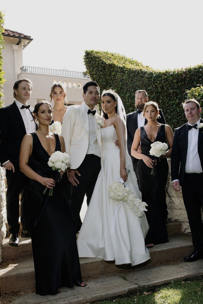 Unique A-Line Plain Wedding Dress Satin Strapless with Slit