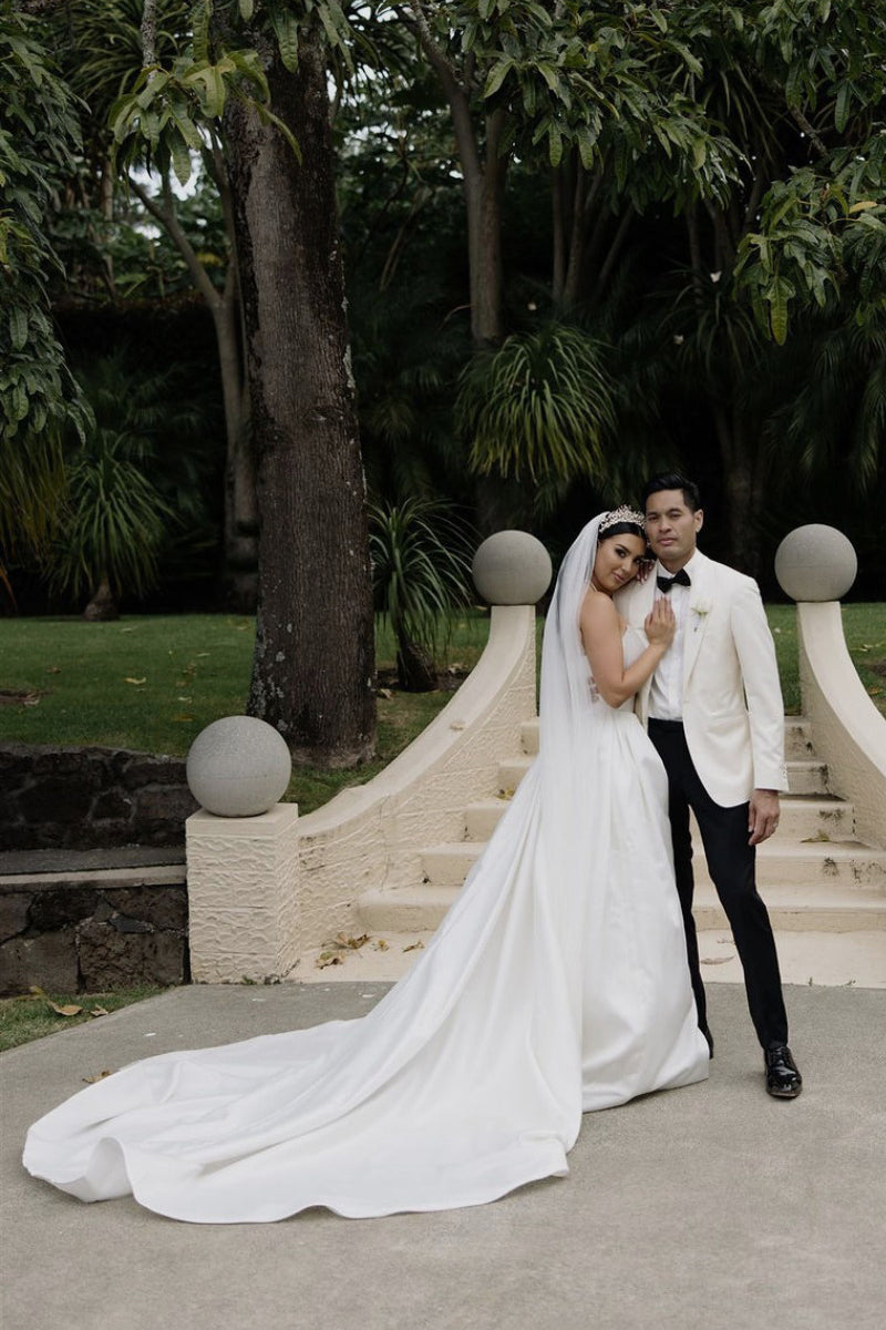 Unique A-Line Plain Wedding Dress Satin Strapless with Slit