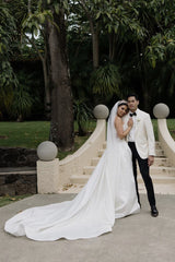 Unique A-Line Plain Wedding Dress Satin Strapless with Slit