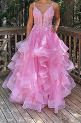Unique A Line Puffy Pink Prom Dress 2026 Lace Formal Dress V Neck
